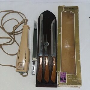 Vintage GE Electric Knife 54EK4 & Regent Sherwood 3-Pc Cutlery Set Box Plaque
